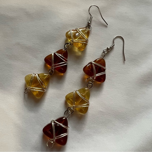 Honey Amber Lemon Color Lucite Resin Geometric Artisan Wrapped Dangle Earrings - Picture 2 of 8